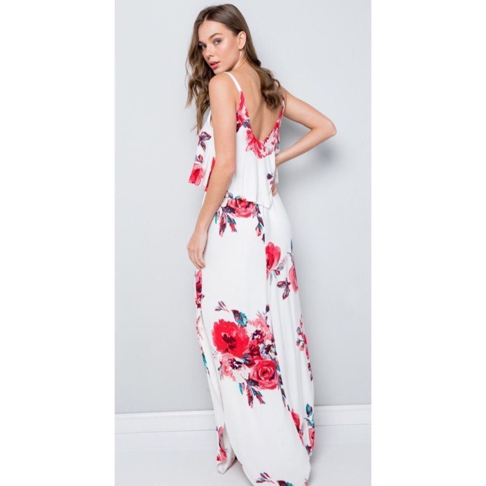 Sweet Floral Maxi Dress with Side Slit and pockets